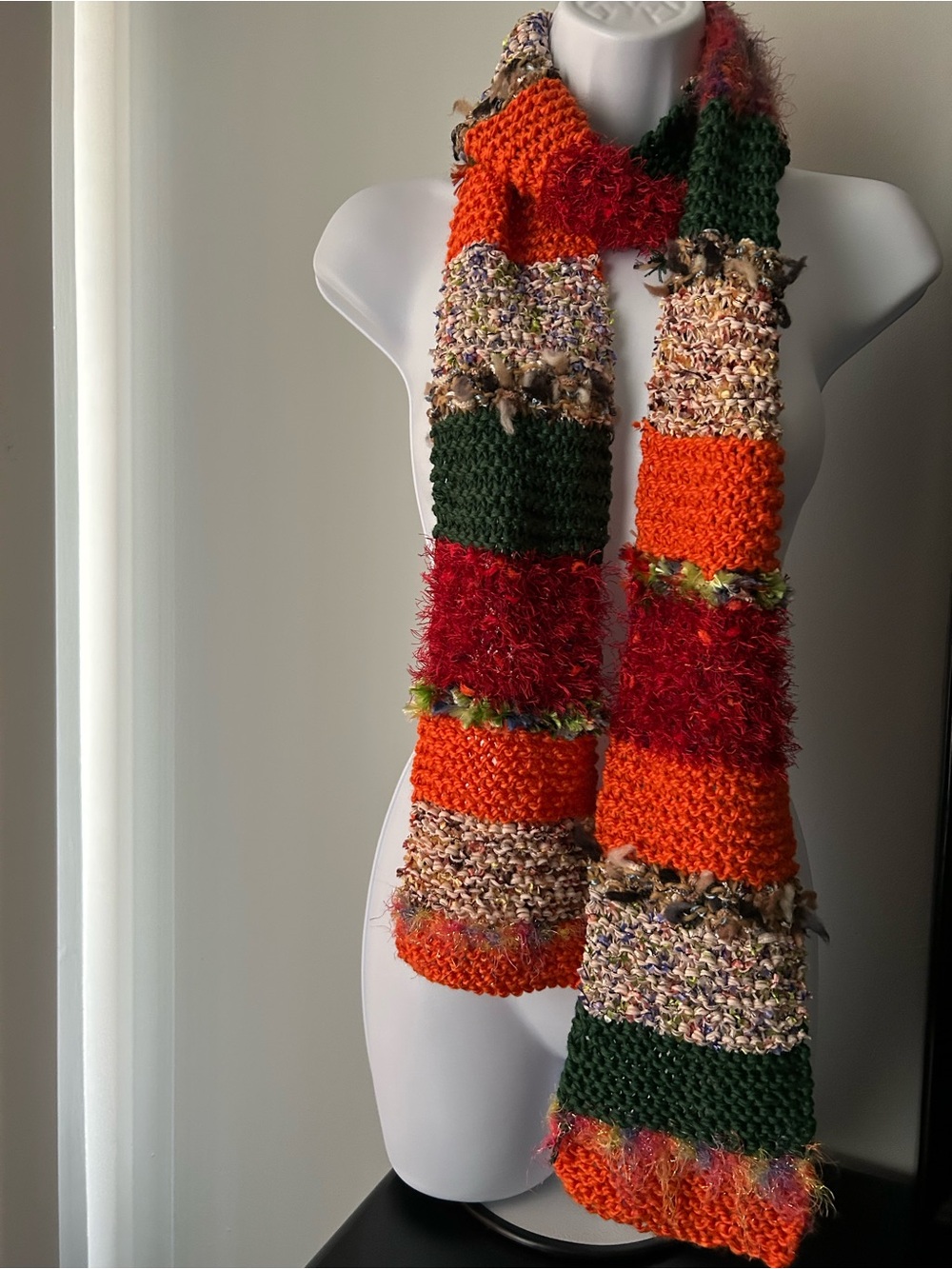 Handmade Orange, Green & Red Patchwork Knit Scarf
